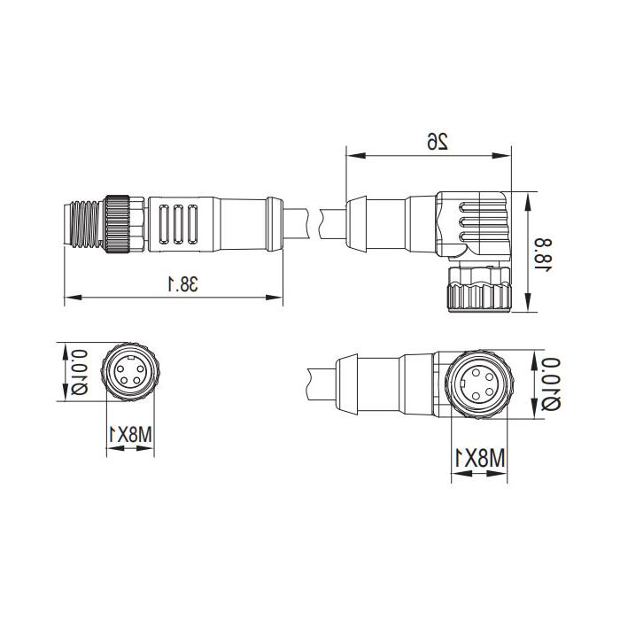 M8 4Pin、母头90°转公头直型、双端预铸PVC非柔性电缆、灰色护套、63D163-XXX